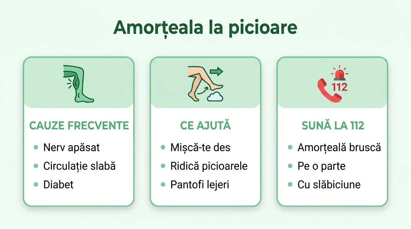 Infografic despre amorțeala la picioare cu principalele cauze, ce ajută acasă și semnele de urgență.