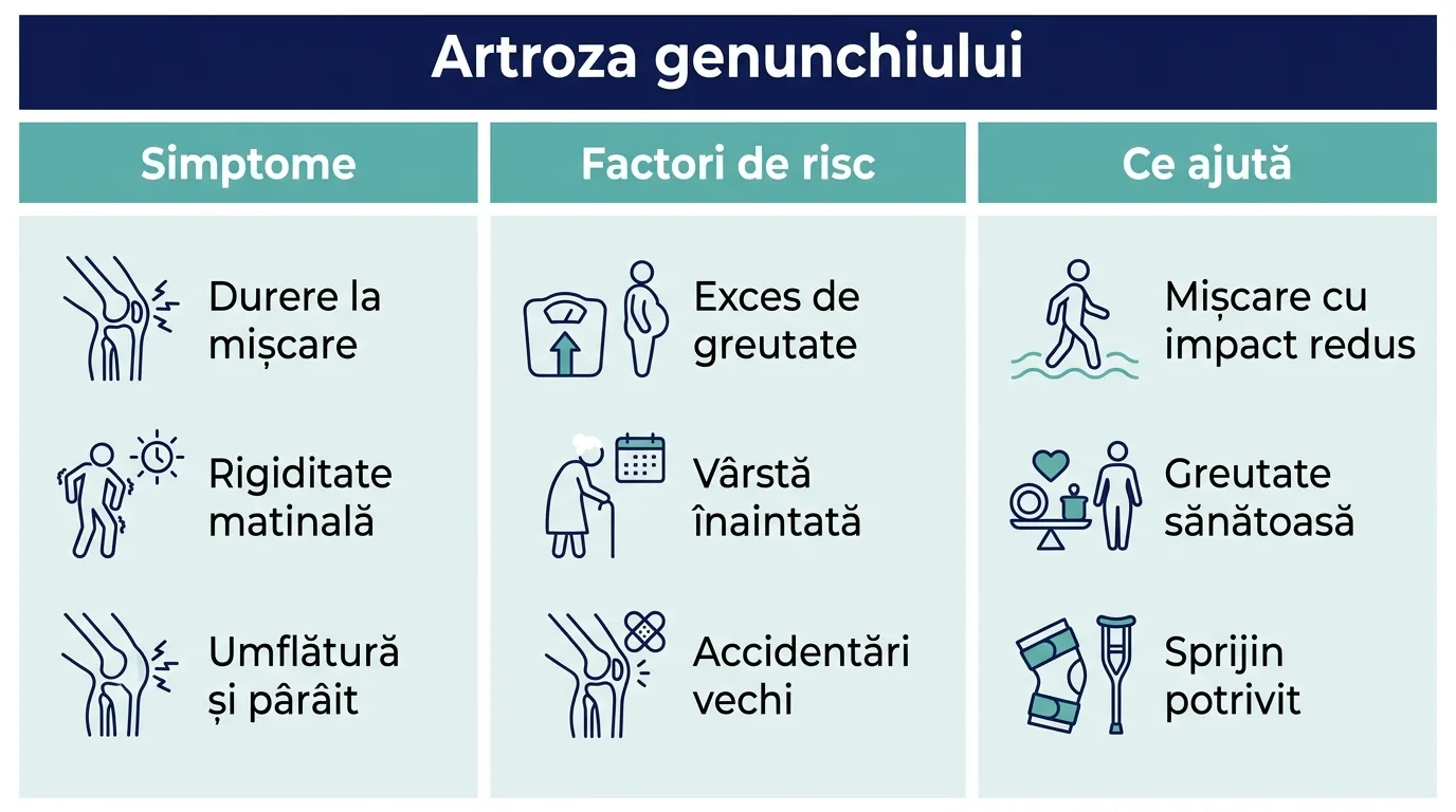 Infografic despre artroza la genunchi, simptome, factori de risc și ce ajută la ameliorare.