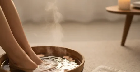 Picioare relaxate într-un lighean cu apă călduță, într-un cadru cald și liniștit de acasă.