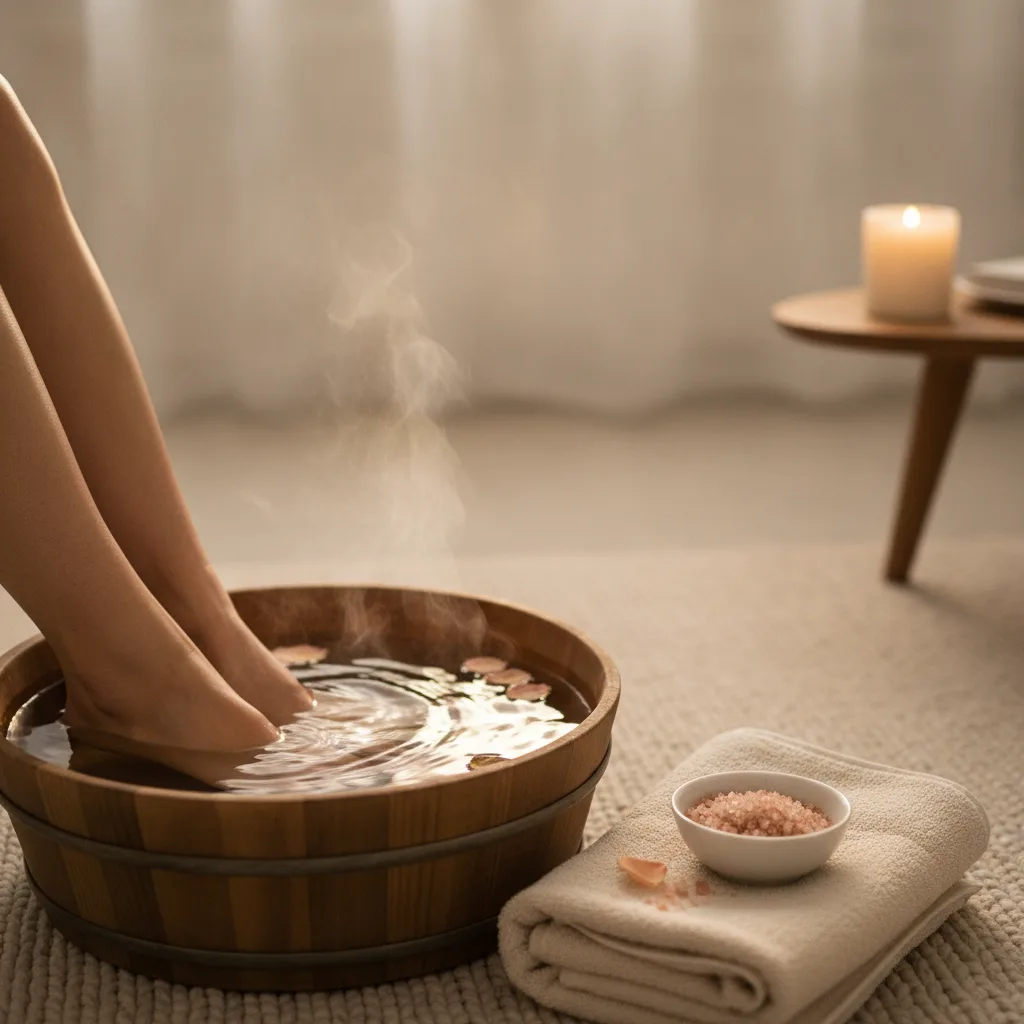 Picioare relaxate într-un lighean cu apă călduță, într-un cadru cald și liniștit de acasă.
