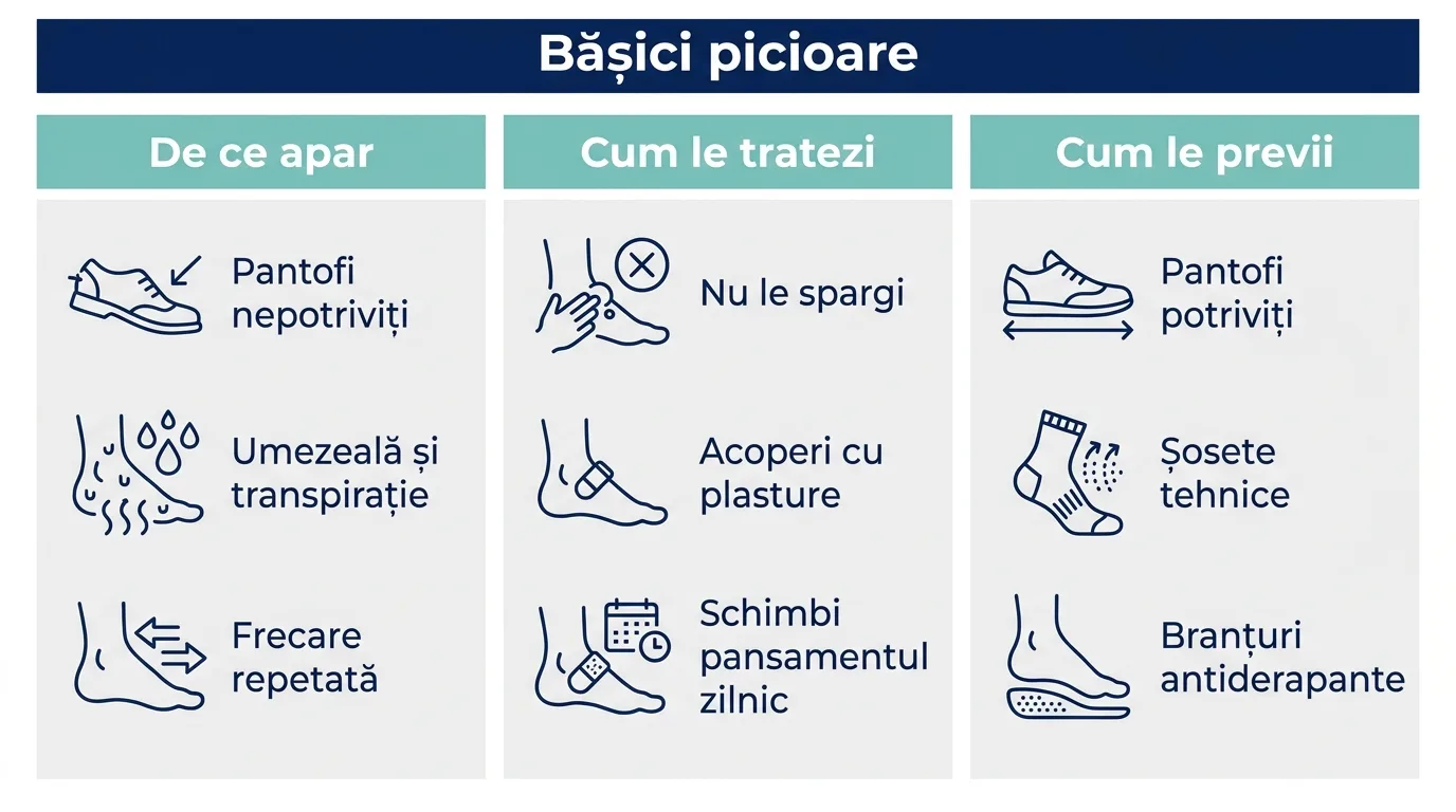 Infografic despre bășicile de la pantofi, cu cauzele, pașii de tratament și metodele de prevenție.