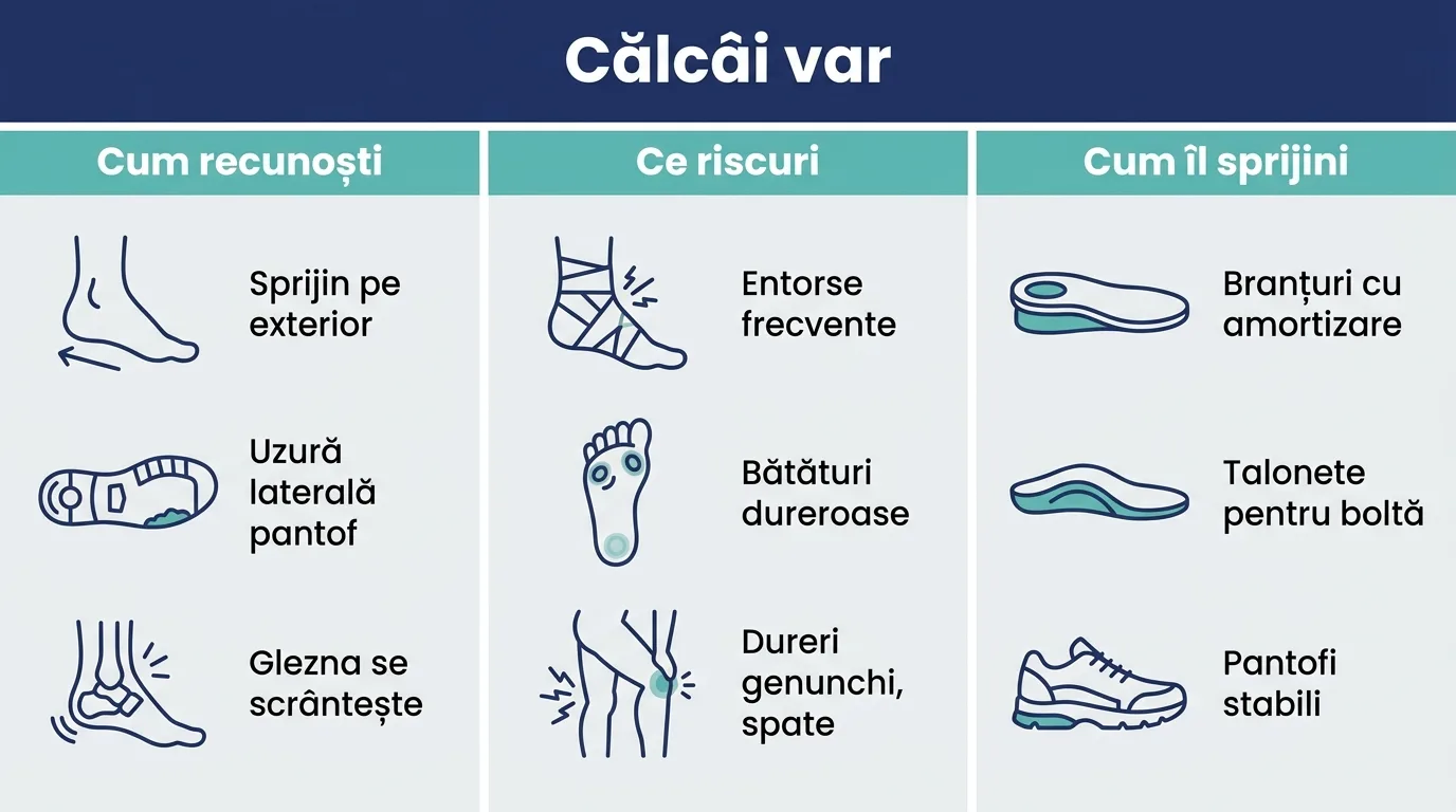 Infografic despre călcâiul var, cu semnele de recunoaștere, riscurile și modurile de sprijin.