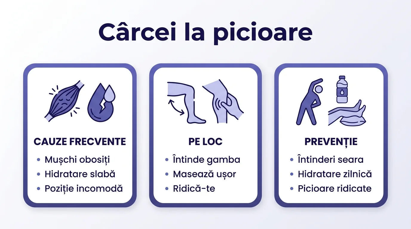 Infografic care rezumă cauzele frecvente ale cârceilor la picioare și remediile imediate și preventive.