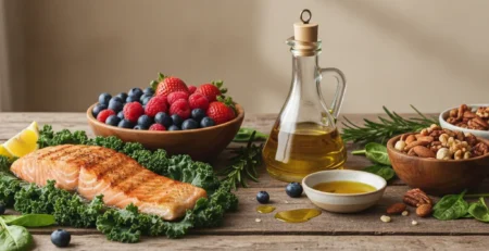 Masă cu alimente antiinflamatoare precum pește, legume verzi, nuci și ulei de măsline, benefice pentru articulații.