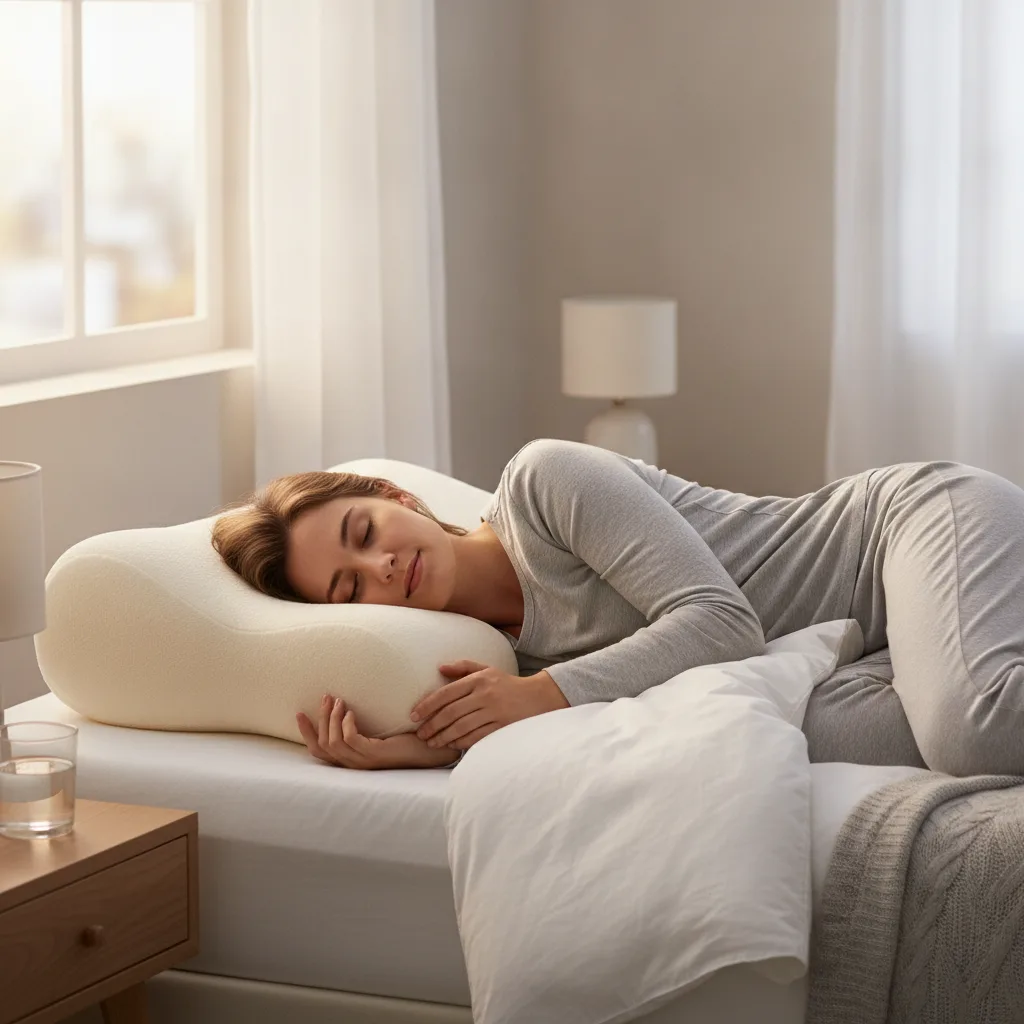 Persoană care doarme confortabil pe o parte, cu gâtul susținut de o pernă ergonomică.