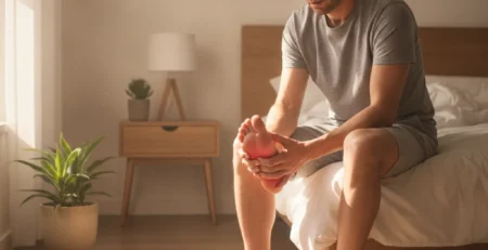 Persoană care își ține călcâiul dureros dimineața, un semn tipic al pintenului calcanean.