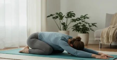 Femeie care face un exercițiu de întindere pentru spate pe o saltea de fitness acasă.