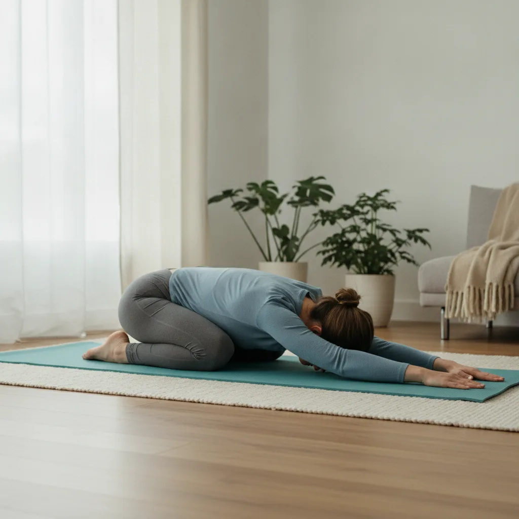 Femeie care face un exercițiu de întindere pentru spate pe o saltea de fitness acasă.