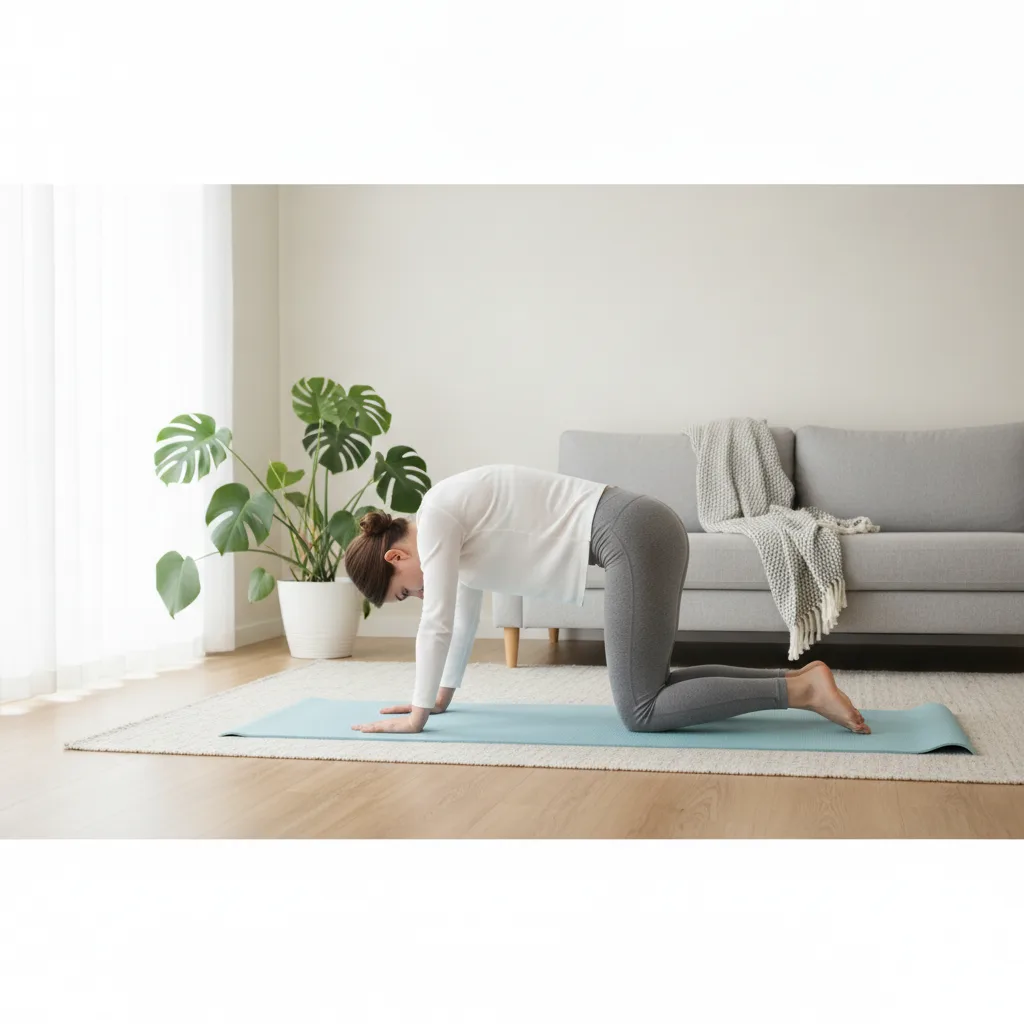Persoană care face un exercițiu blând de întindere pentru zona lombară pe o saltea de fitness.