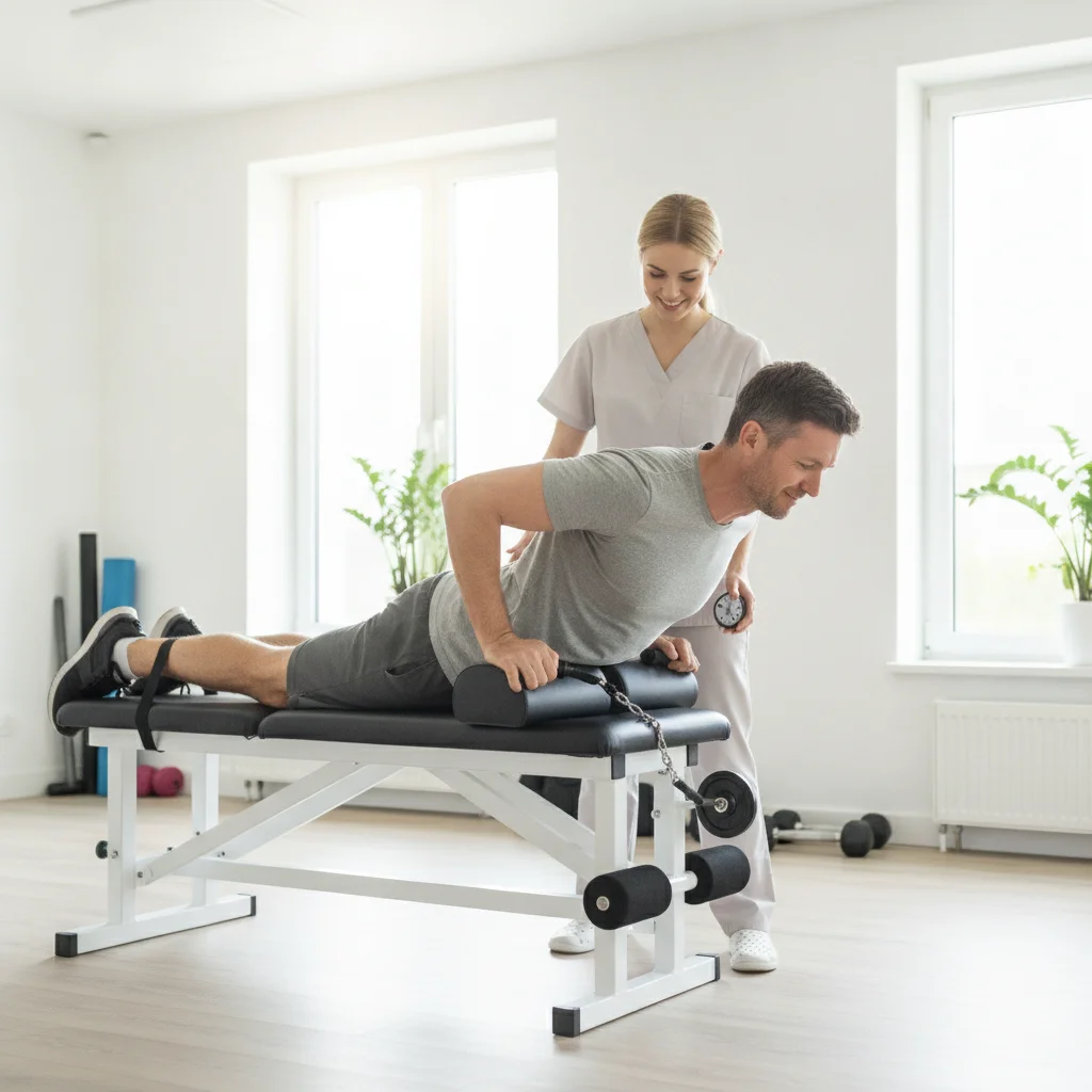 Un adult efectuează exerciții de kinetoterapie pentru spate sub îndrumarea unui fizioterapeut.