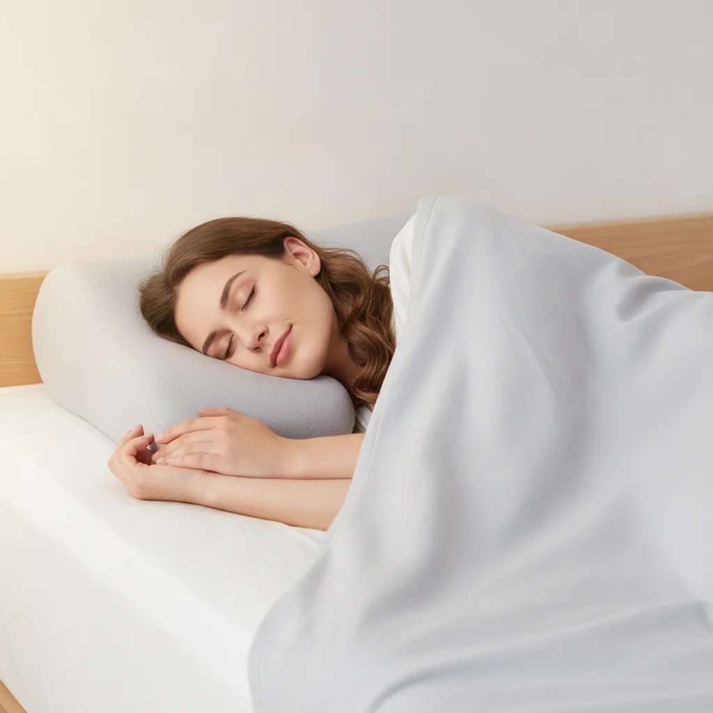 Femeie care doarme liniștită pe o parte, cu capul sprijinit corect pe o pernă ergonomică.
