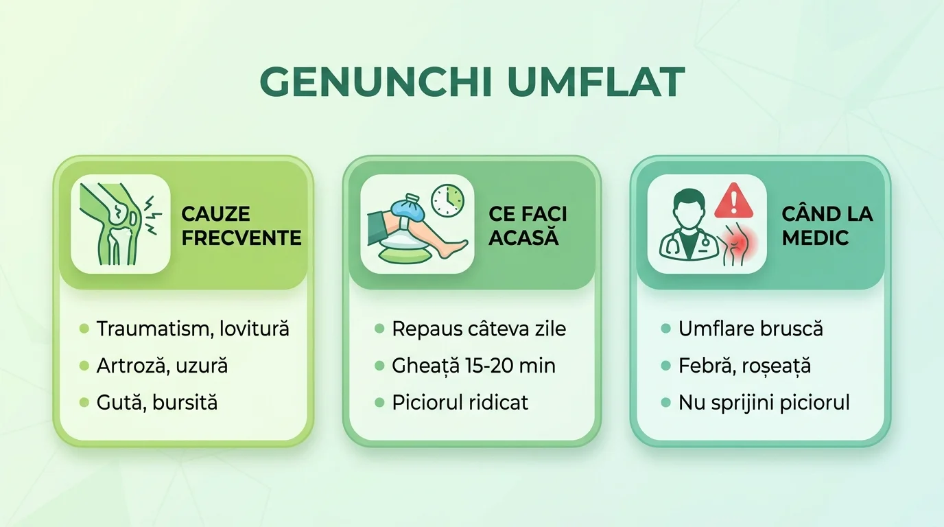 Infografic despre genunchiul umflat, cu cauzele frecvente, îngrijirea acasă și semnalele de alarmă când mergi la medic.