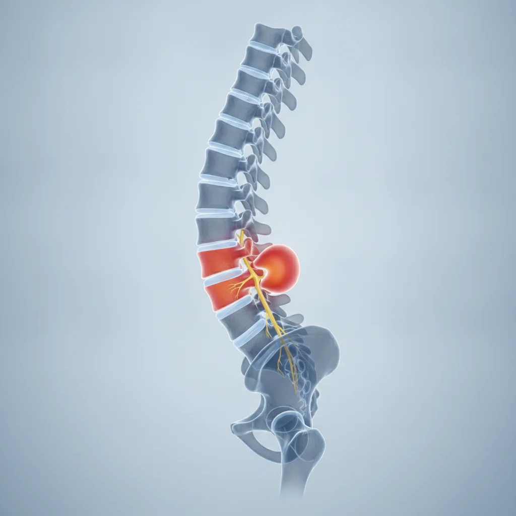 Ilustrație a coloanei lombare cu un disc intervertebral herniat care apasă pe o rădăcină nervoasă.