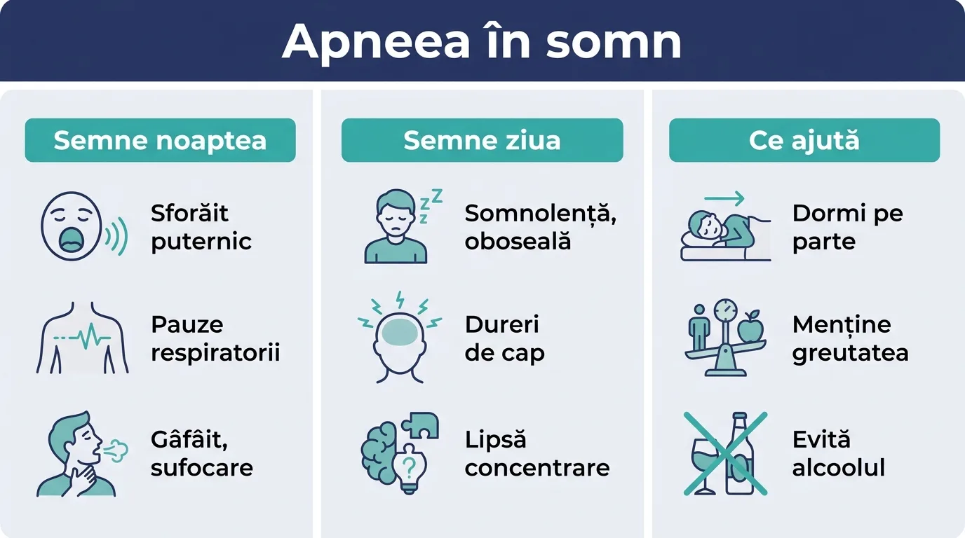 Infografic cu semnele de zi și de noapte ale apneei în somn și primii pași utili.