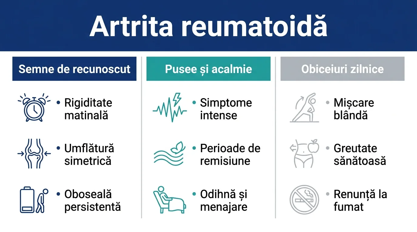 Infografic despre semnele, puseele și obiceiurile zilnice în artrita reumatoidă.