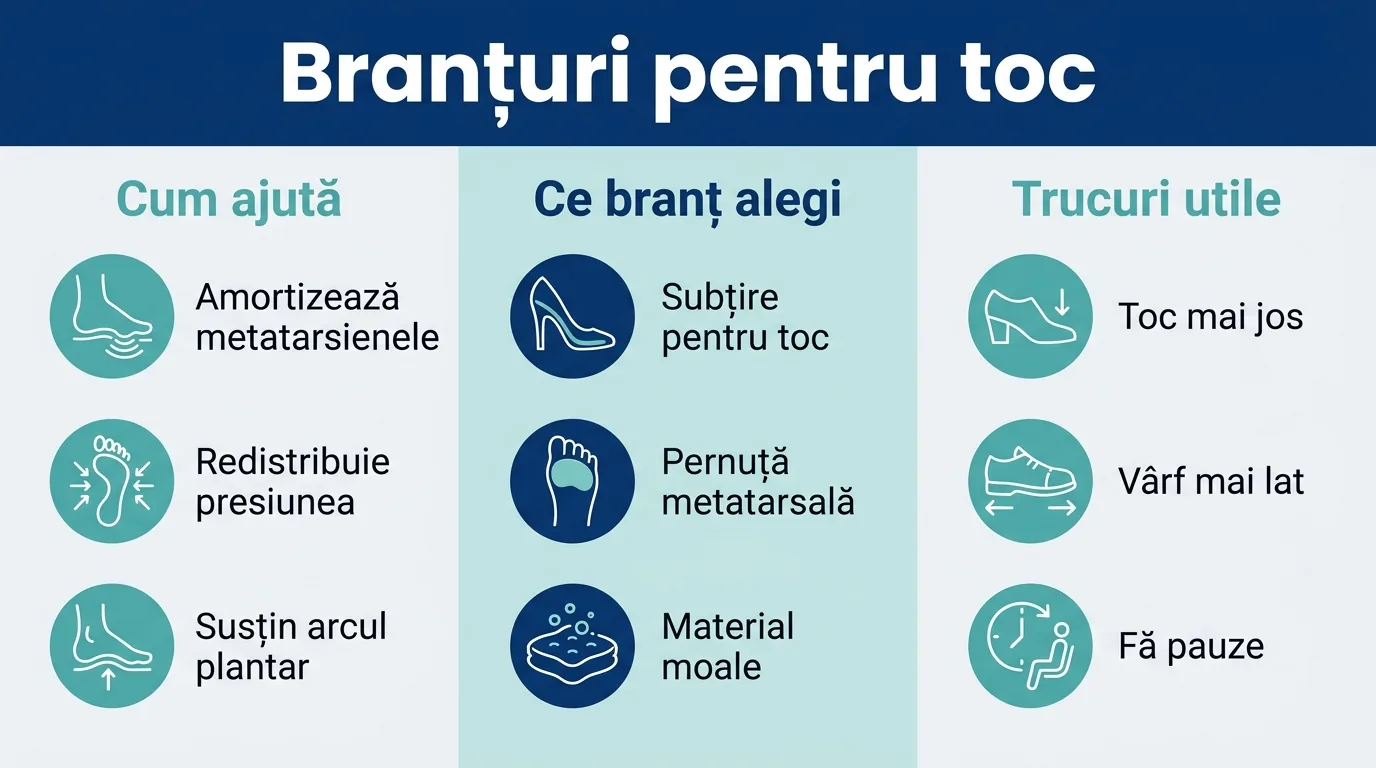 Infografic cu modul în care branțurile ajută la pantofii cu toc, tipul de branț și trucuri utile.