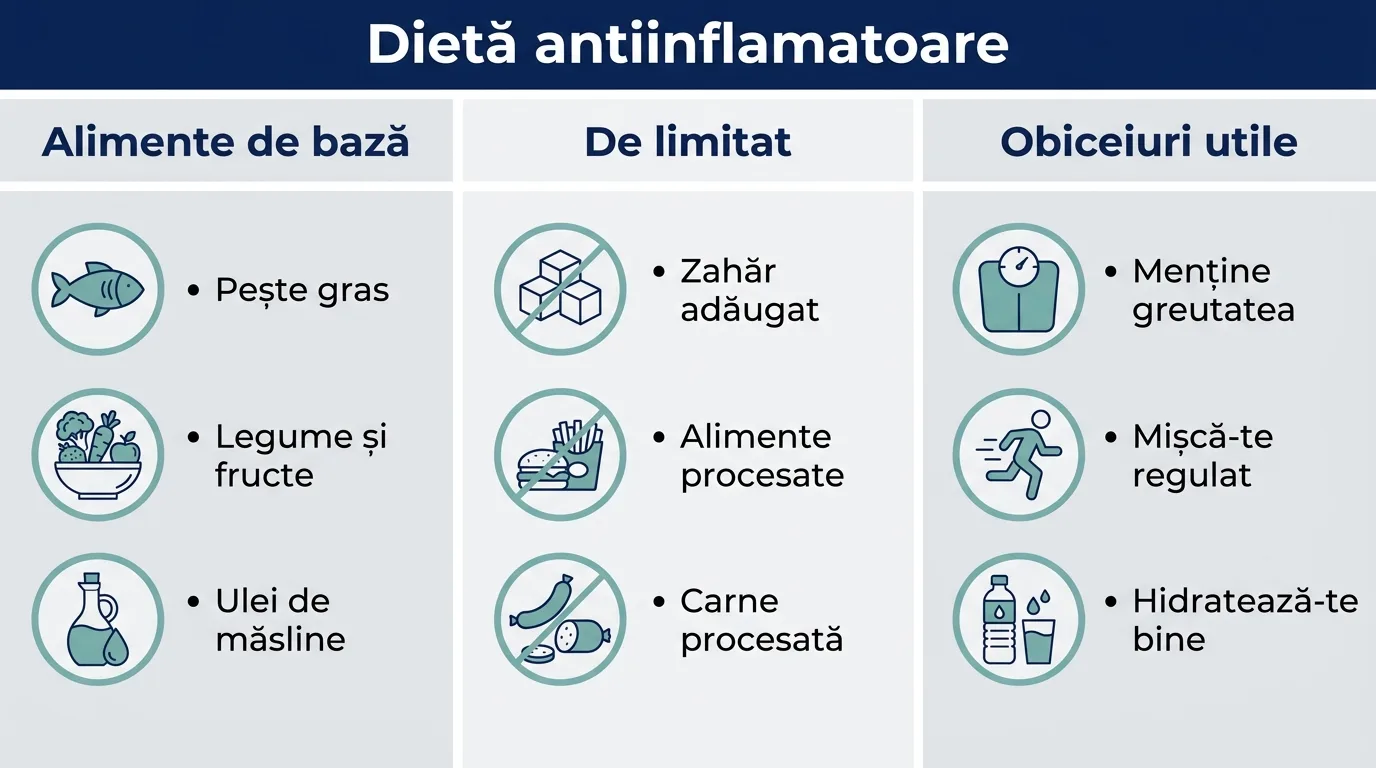 Infografic cu grupele de alimente antiinflamatoare, alimentele de evitat și câteva obiceiuri utile pentru articulații.