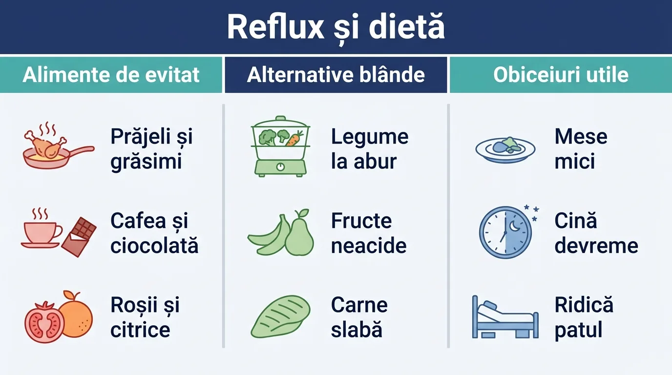 Infografic cu alimentele de evitat, alternativele blânde și obiceiurile utile pentru reflux.