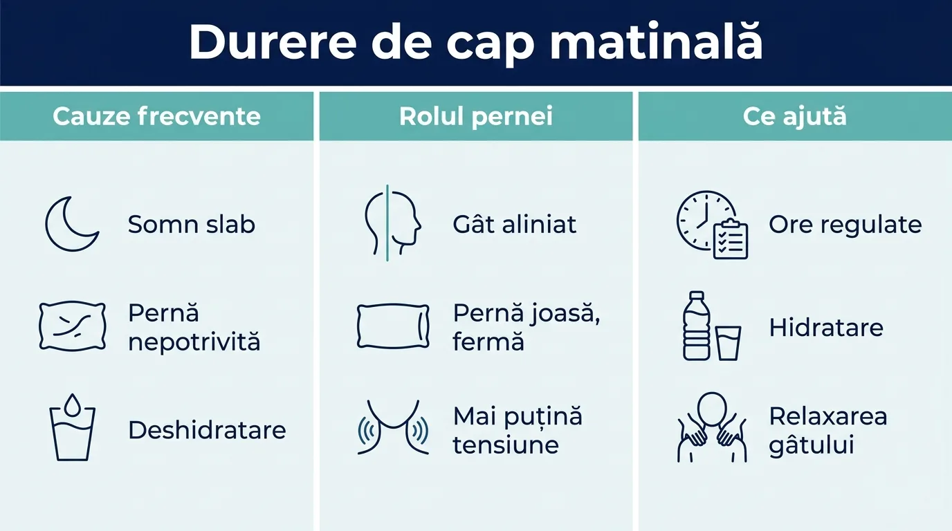 Infografic cu cauzele durerilor de cap matinale, rolul pernei și pașii utili acasă.
