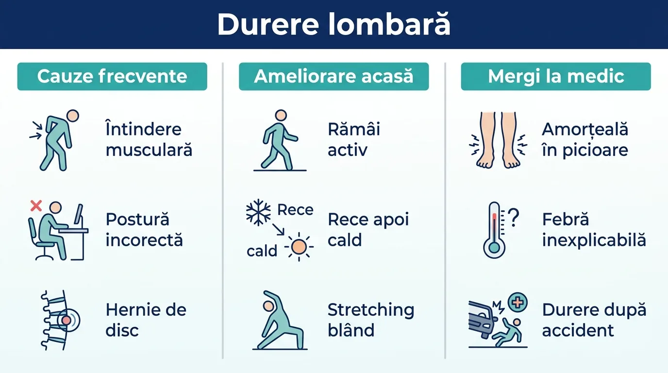 Infografic cu cauzele durerii lombare, măsurile de acasă și semnele care cer consult medical.