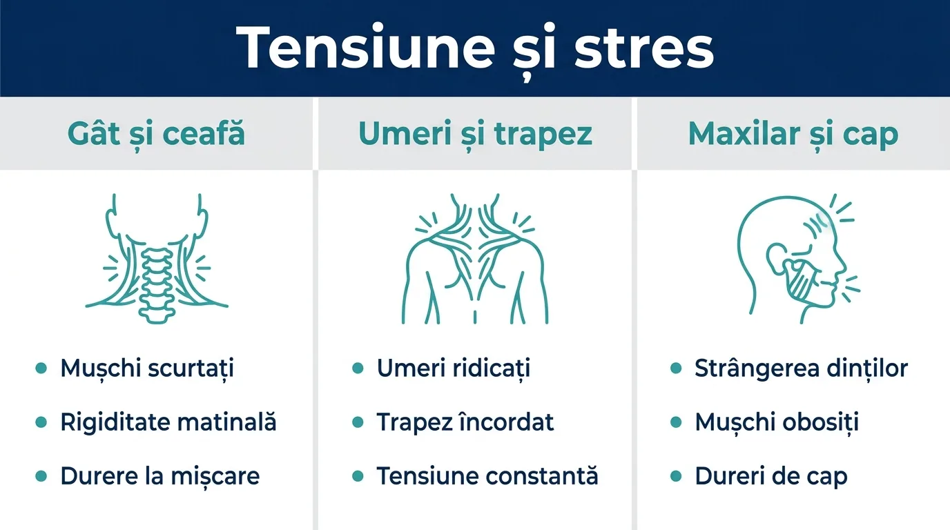Infografic cu zonele unde stresul provoacă cel mai des tensiune musculară și primele semne.
