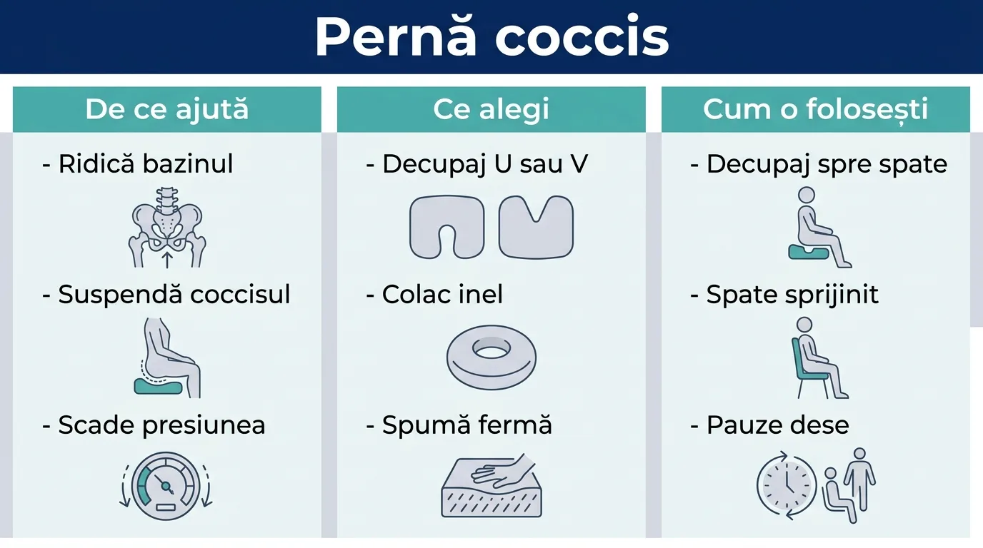Infografic despre cum alegi și folosești o pernă pentru coccis.