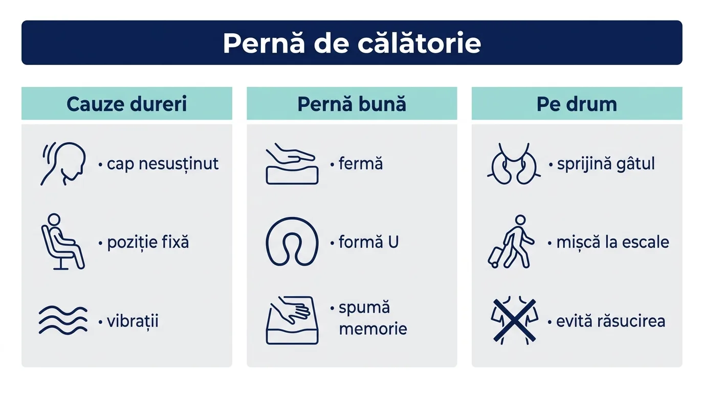 Infografic despre alegerea pernei de călătorie cu cauzele durerilor și criteriile utile.