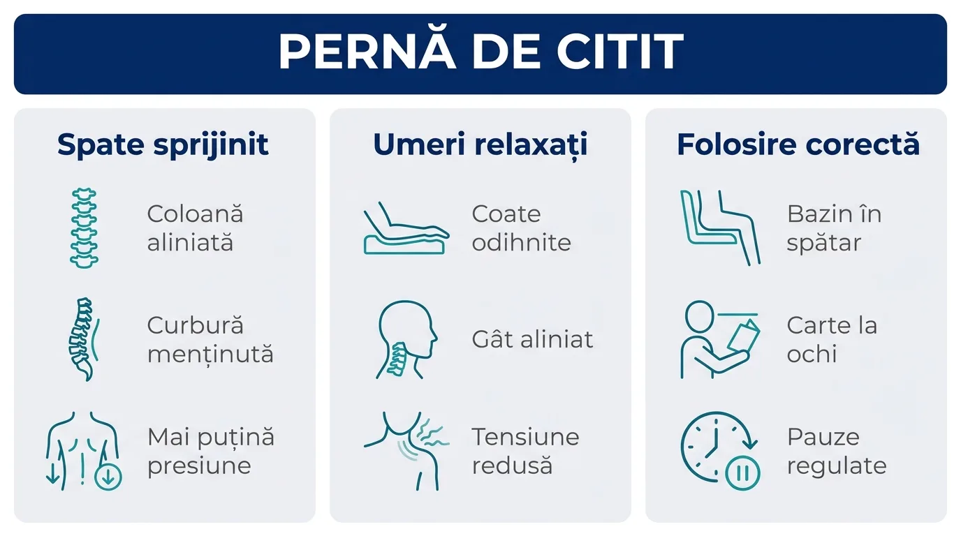 Infografic despre beneficiile pernei de citit pentru spate, umeri și folosirea corectă.