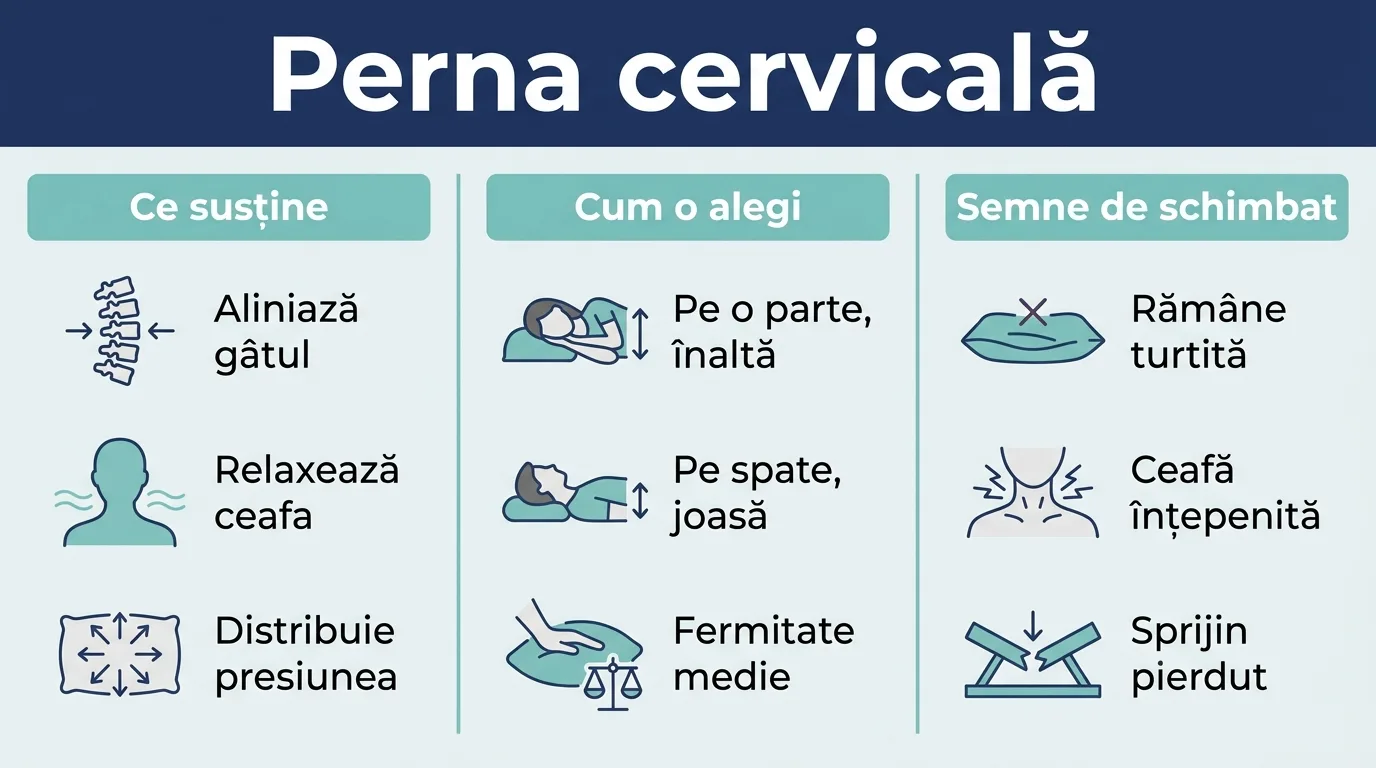 Infografic despre ce susține o pernă cervicală, cum o alegi și când o schimbi.