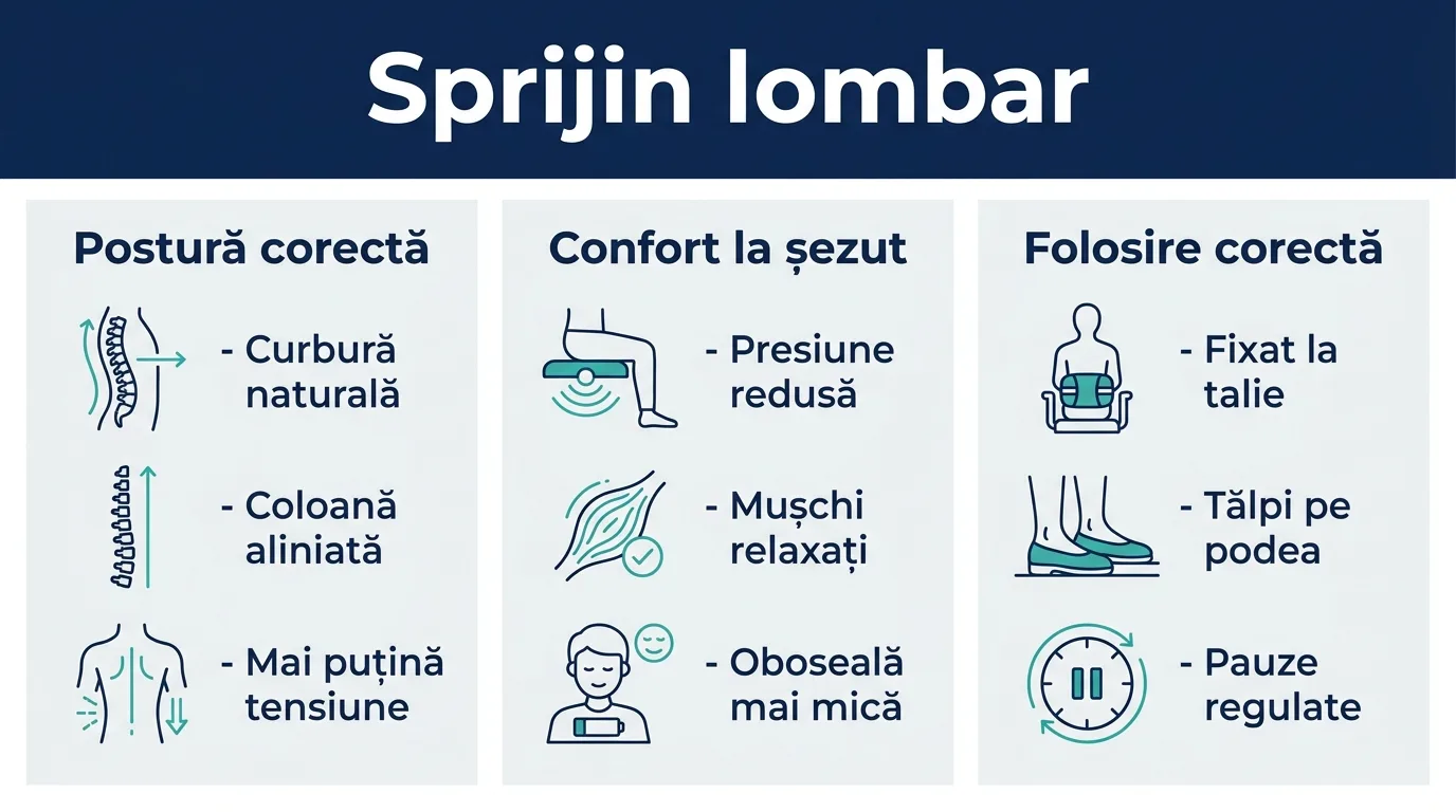 Infografic despre beneficiile pernei de sprijin lombar pentru postură, confort și folosire corectă.