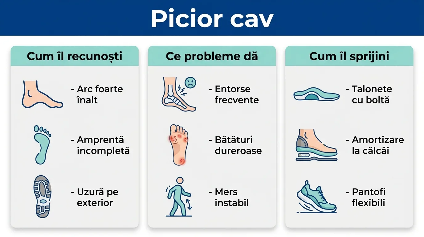 Infografic despre piciorul cav: cum îl recunoști, ce probleme provoacă și cum îl sprijini.