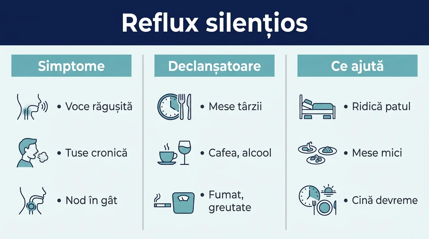 Infografic cu simptomele, declanșatoarele și primii pași utili în refluxul silențios.