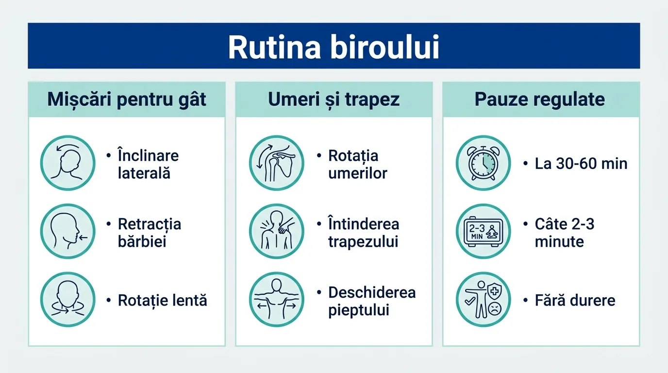 Infografic cu rutina de exerciții pentru gât și umeri la birou.