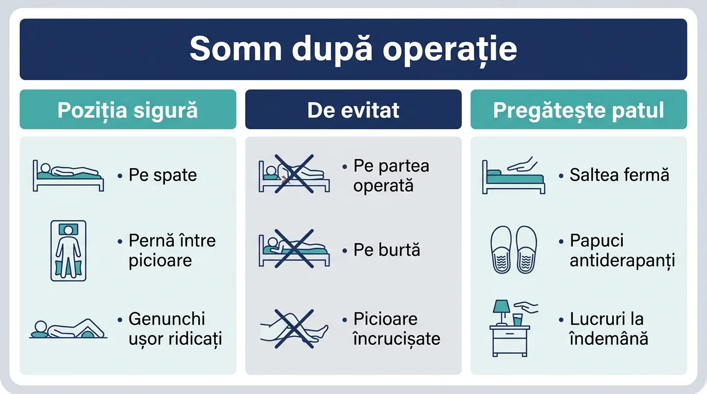 Infografic cu pozițiile sigure de somn și pernele de sprijin recomandate după operația de șold.