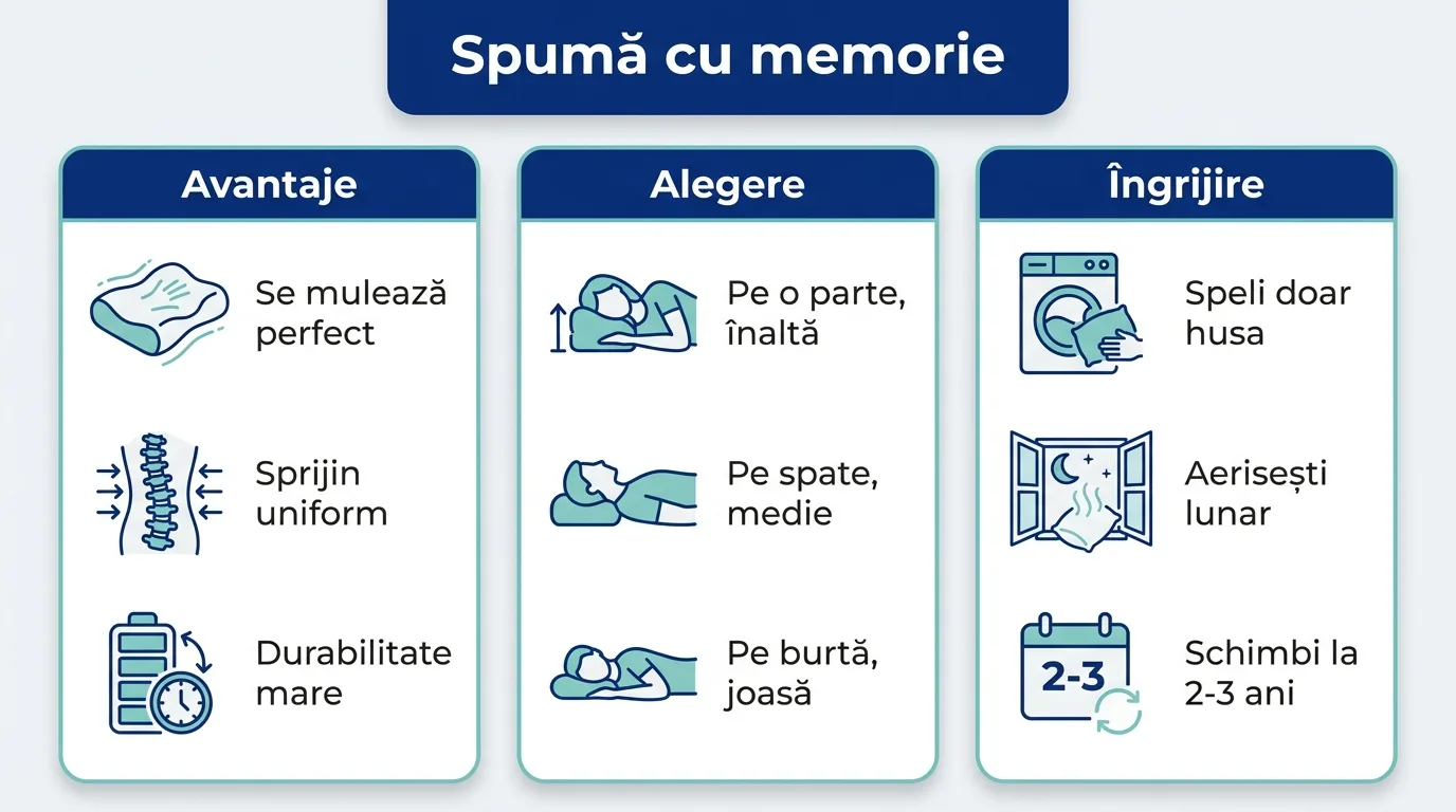 Infografic despre avantajele, alegerea și îngrijirea pernei din spumă cu memorie.