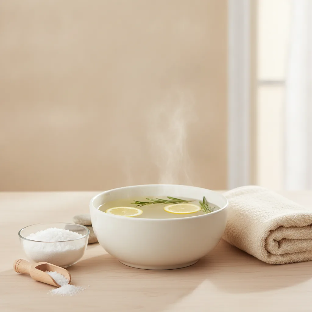 Ingrediente simple pentru baia de picioare, sare Epsom și bicarbonat, lângă un lighean cu apă.