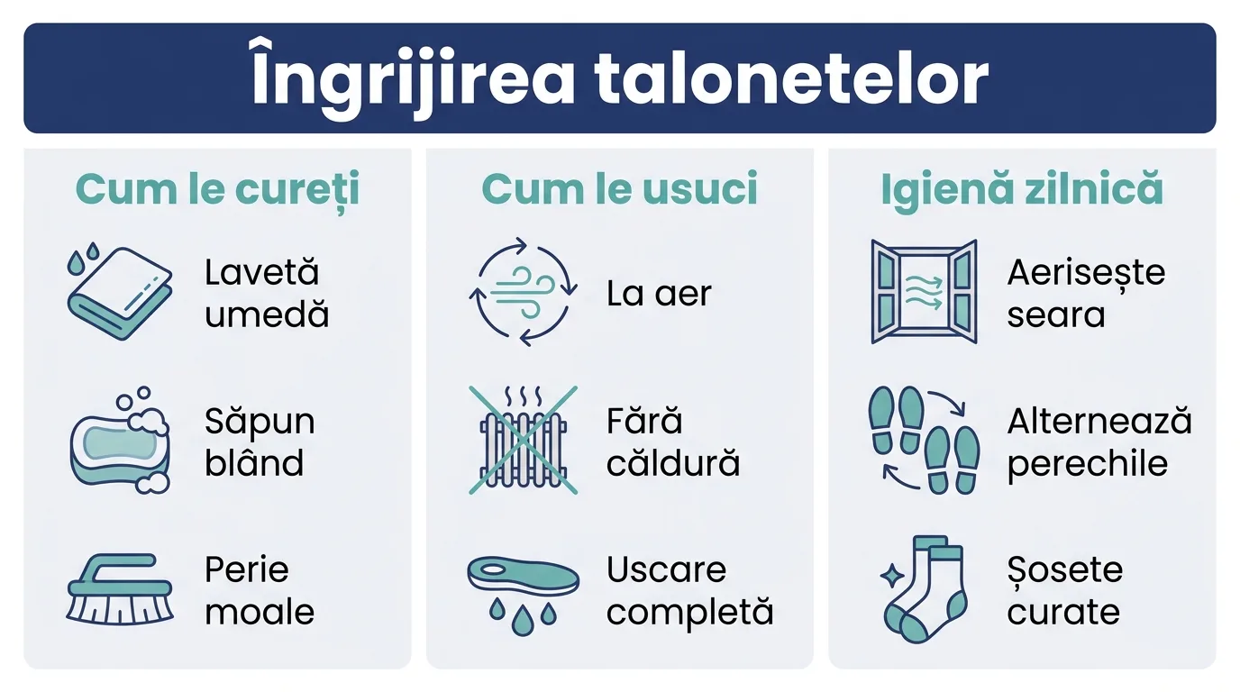 Infografic despre îngrijirea talonetelor, cum le cureți, cum le usuci și cum menții igiena.