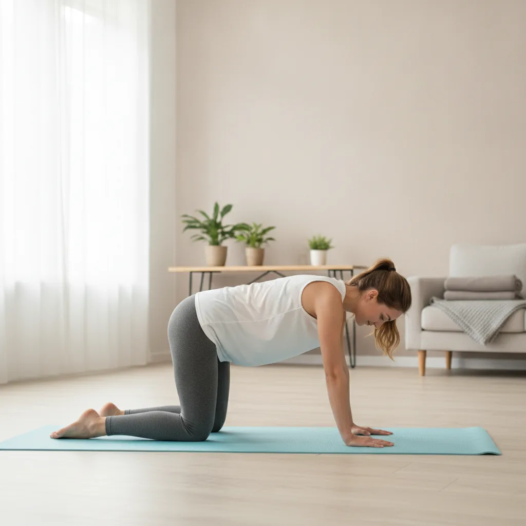Persoană care face un exercițiu ușor de întindere pentru spate pe o saltea acasă.