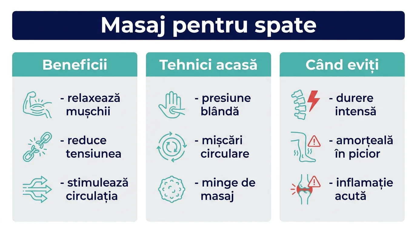 Infografic cu beneficiile, tehnicile și precauțiile masajului pentru spate.