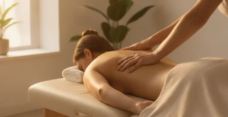 Persoană care primește un masaj relaxant pe spate pentru eliberarea tensiunii musculare.