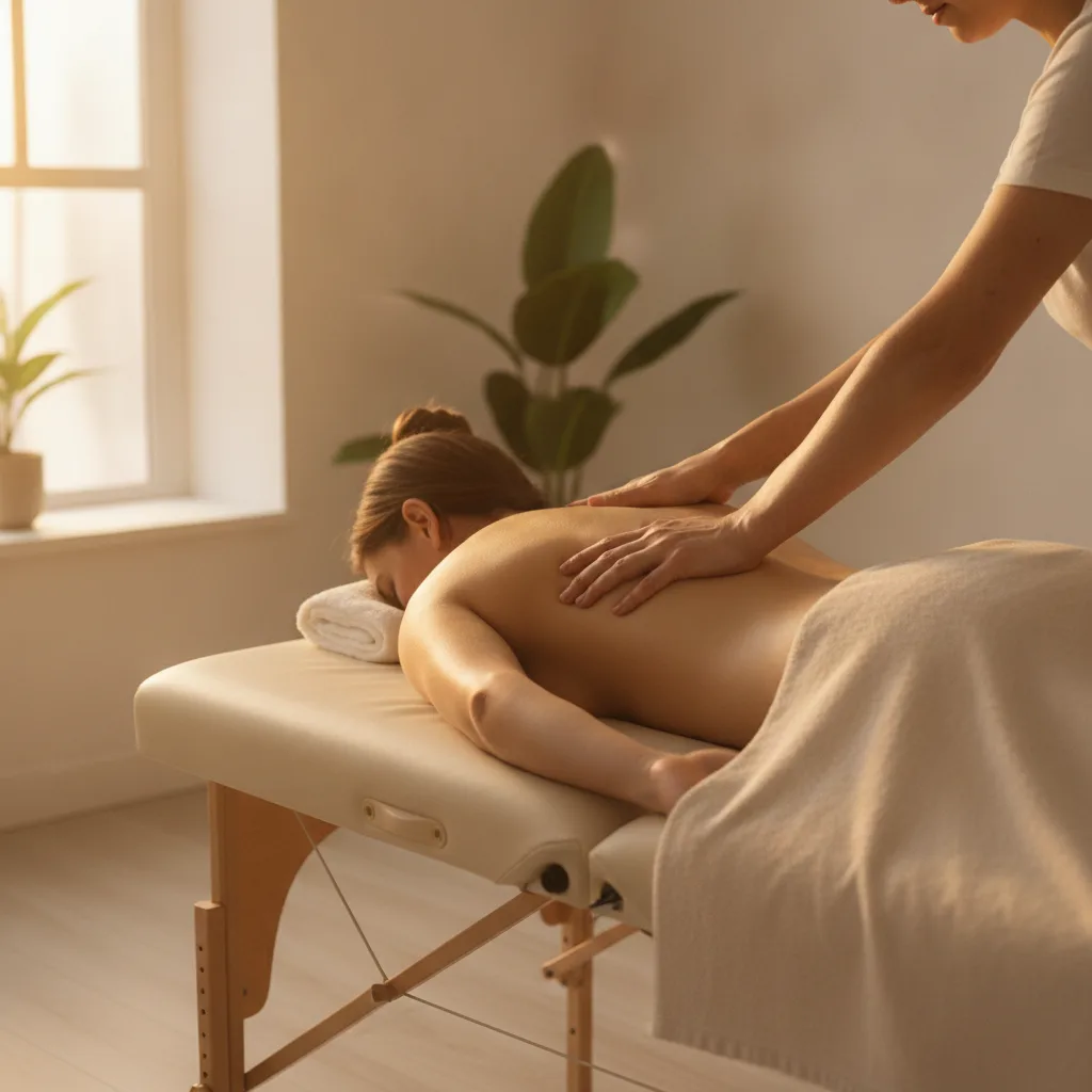 Persoană care primește un masaj relaxant pe spate pentru eliberarea tensiunii musculare.