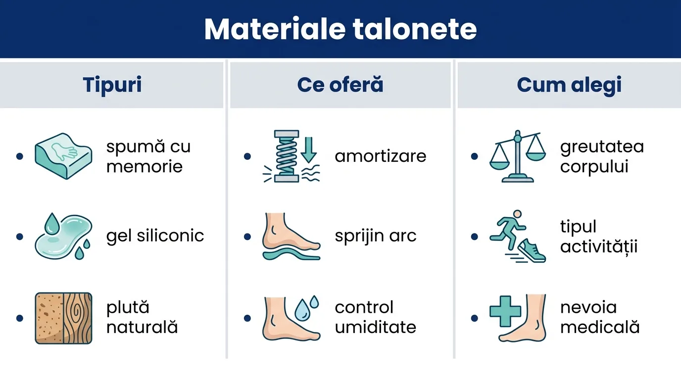Infografic care compară materialele talonetelor ortopedice și proprietățile lor.