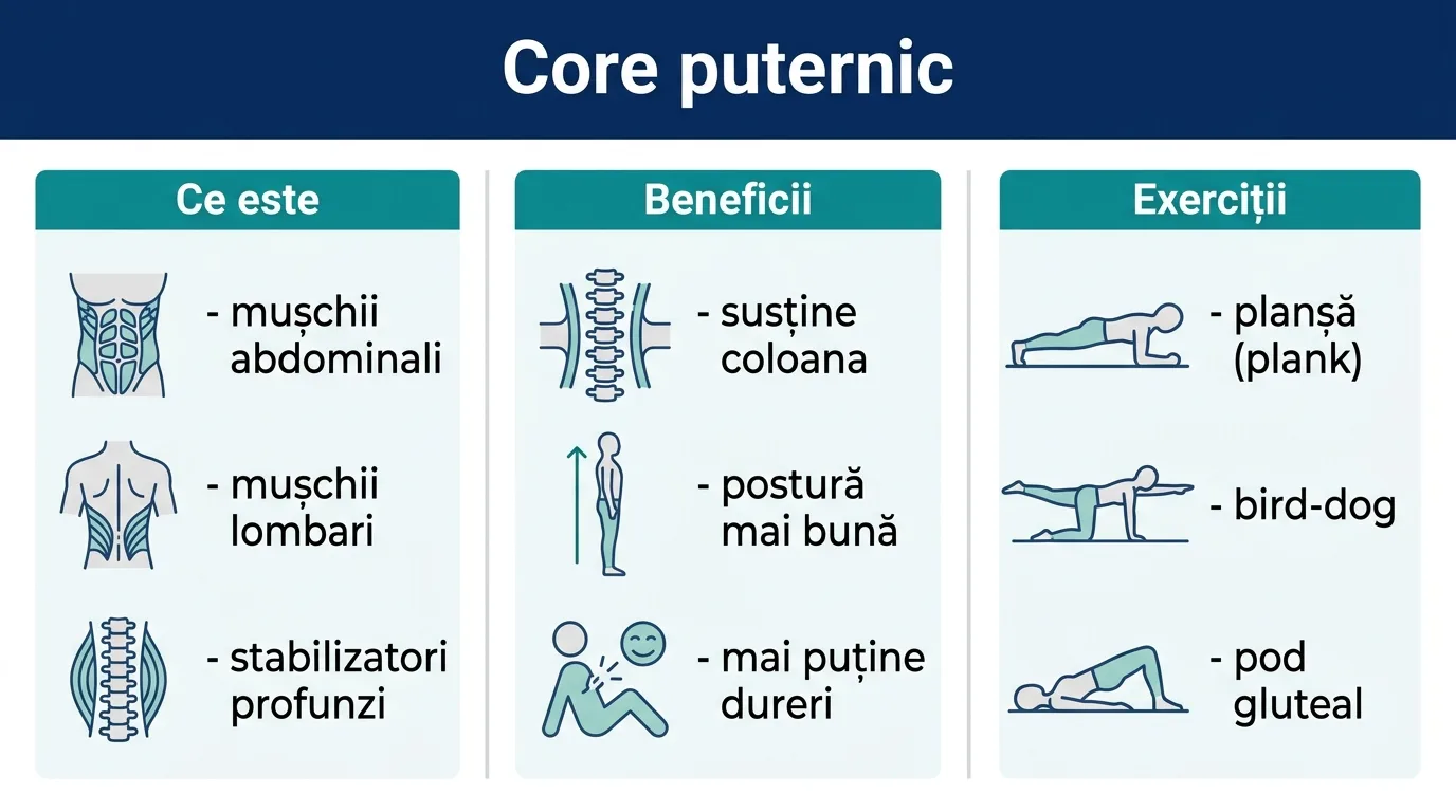 Infografic despre musculatura core, beneficiile ei și exercițiile de bază.