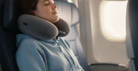 Pernă de călătorie în formă de U în jurul gâtului unui pasager care se odihnește în avion.