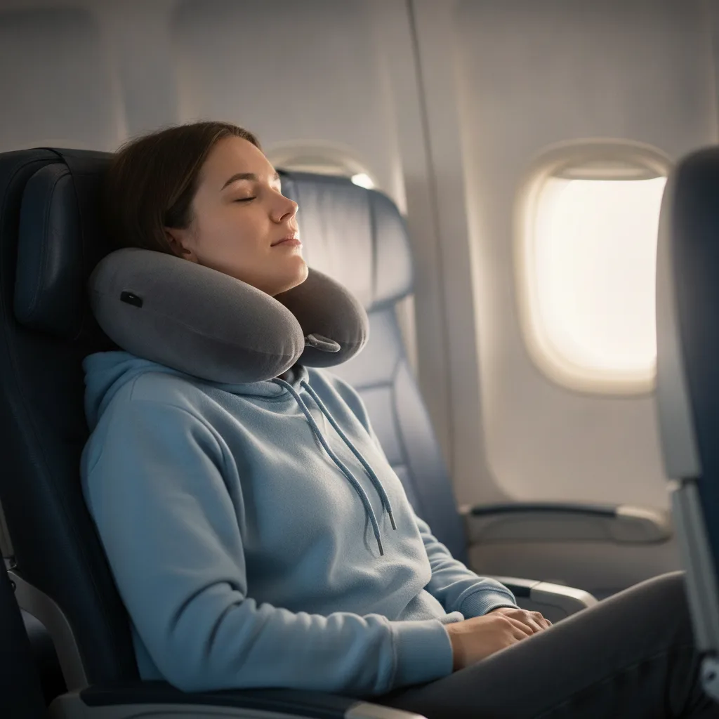Pernă de călătorie în formă de U în jurul gâtului unui pasager care se odihnește în avion.