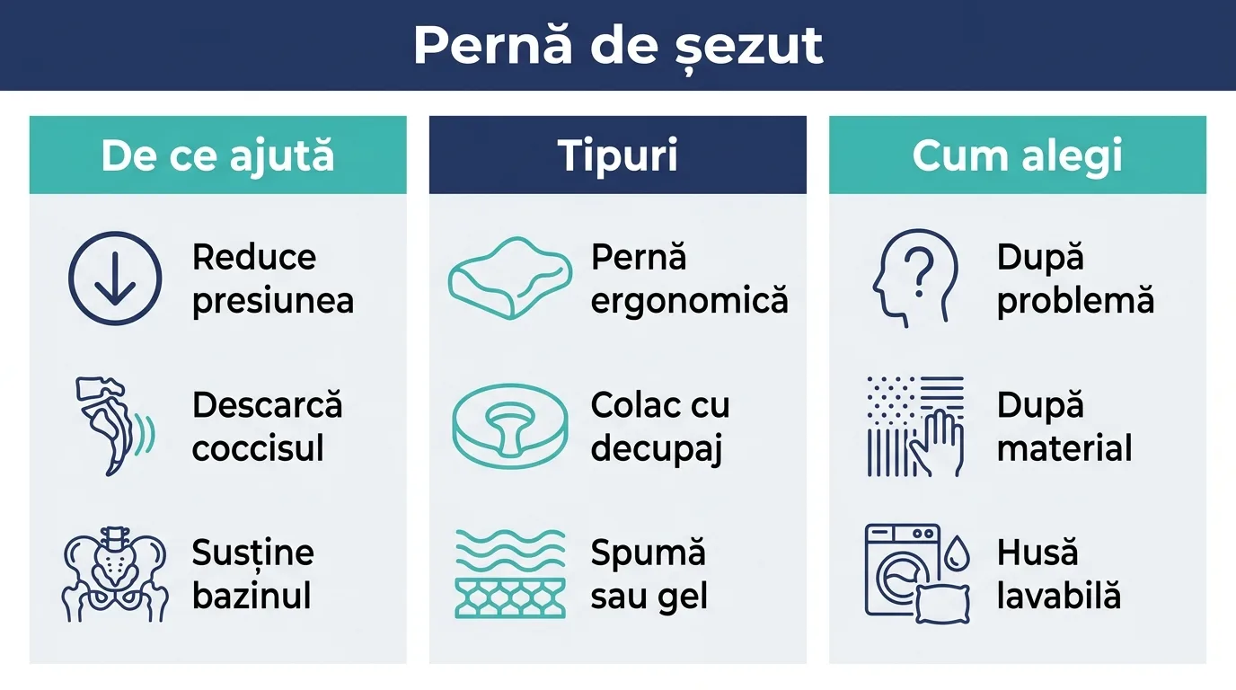 Infografic despre perna ortopedică de șezut, cum ajută și cum o alegi.