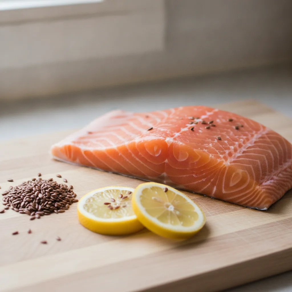Somon proaspăt și semințe de in pe un tocător, surse de grăsimi omega-3 cu efect antiinflamator.
