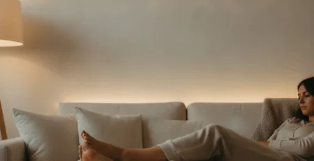 Persoană relaxată pe canapea seara, cu picioarele desculțe ridicate pe o pernă pentru odihnă.