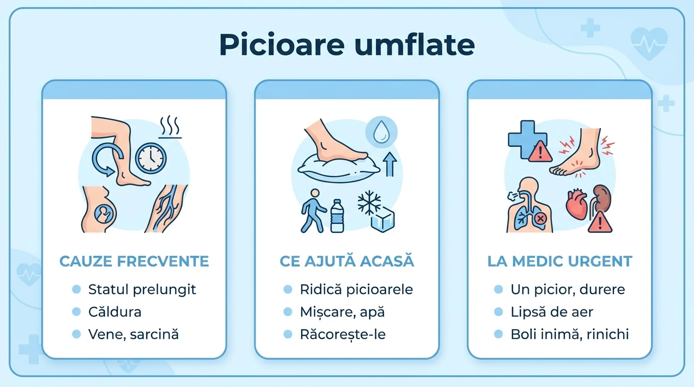 Infografic cu cauzele picioarelor umflate, ce ajută acasă și semnalele de alarmă care cer medicul.