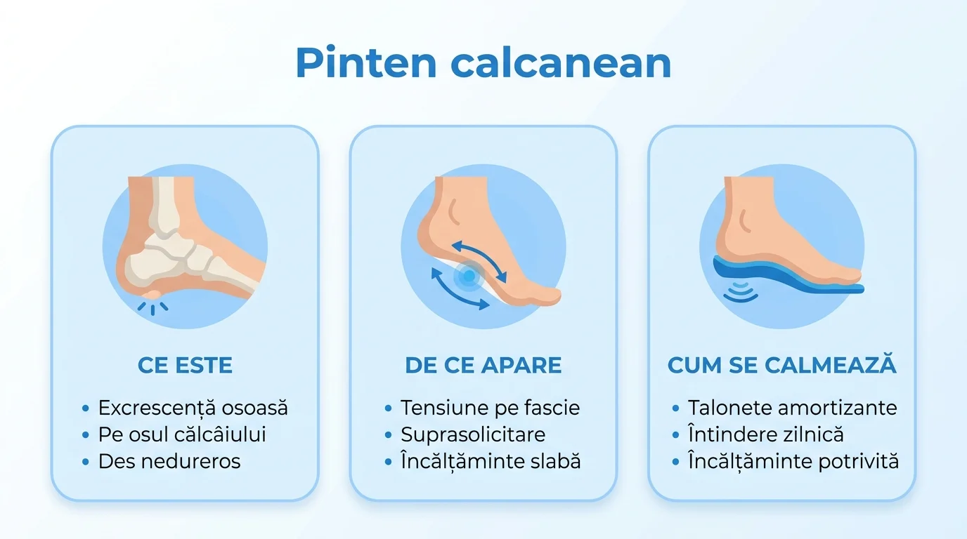Infografic despre pintenul calcanean care arată ce este excrescența osoasă, de ce apare și cum se calmează durerea.